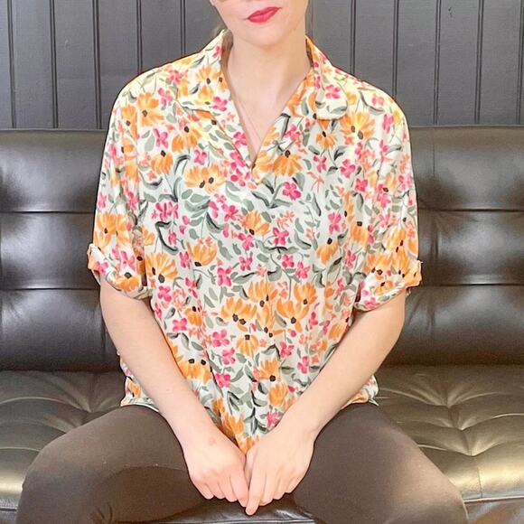 HABAND FOR HER Green Pink Vintage 80s Floral Button Up - Picture 1 of 7
